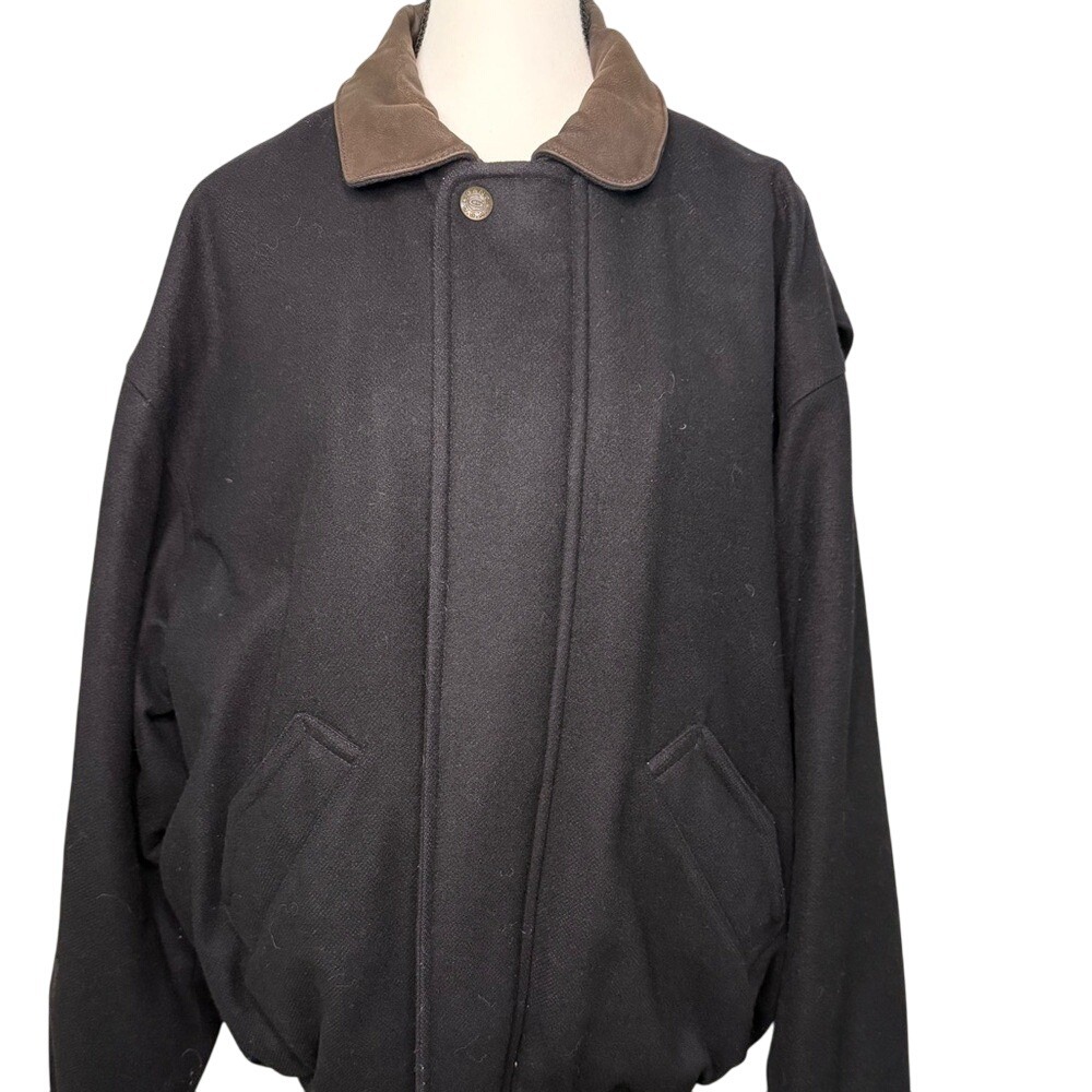 Gant Black Gray Wool Bomber Jacket Coat Leather Collar XL Preppy Classic